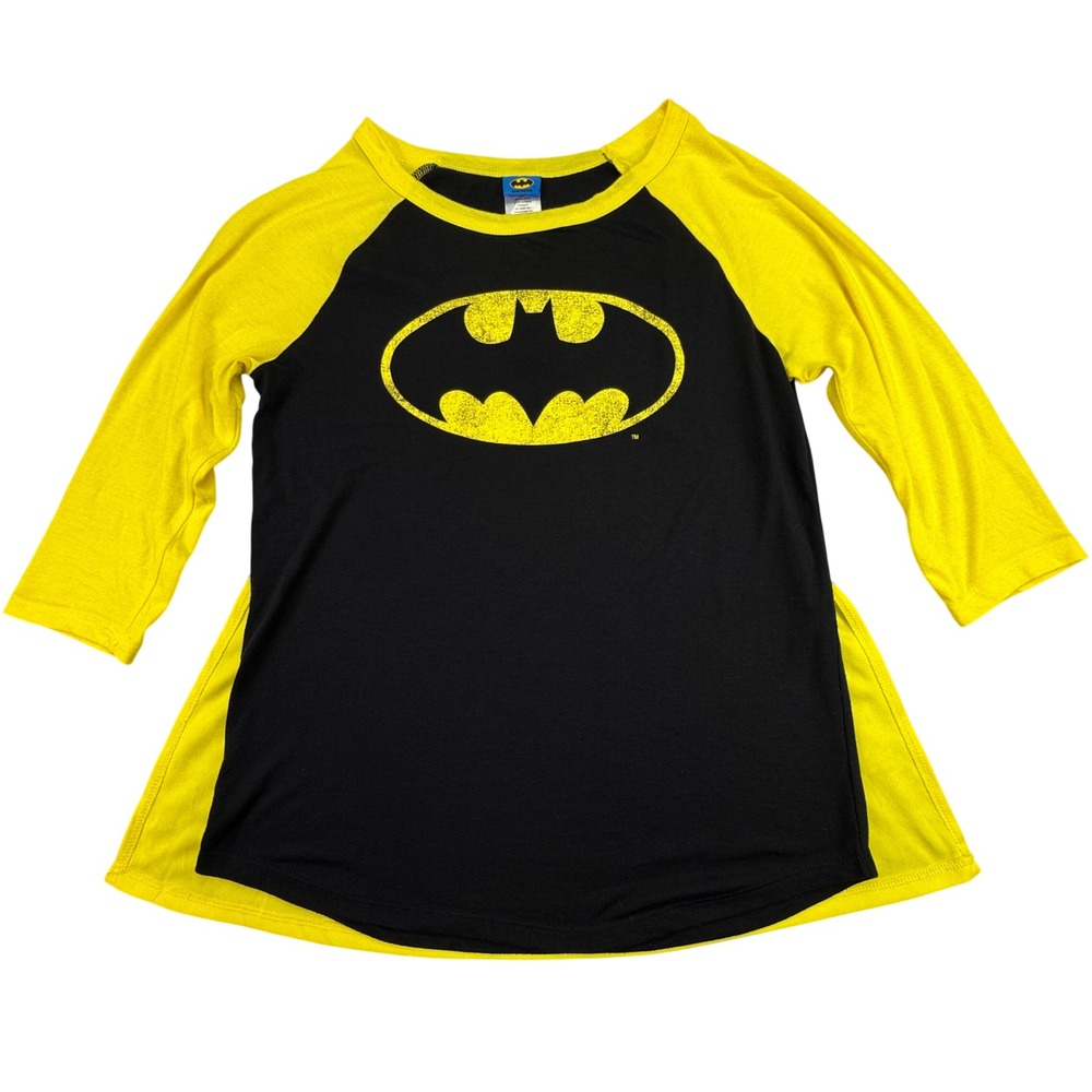 Batman Cape Shirt Youth Size XL Raglan Shirt Black Yellow 3/4 Sleeve Graphic Tee